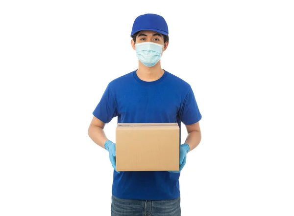 Young Delivery Man Wearing Mask Medical Gloves Holding Paper Cardboard — Stock Photo, Image