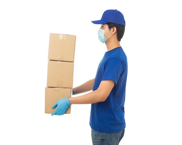 Young Delivery Man Wearing Mask Medical Gloves Holding Paper Cardboard — Stock Photo, Image