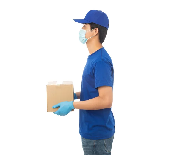 Young Delivery Man Wearing Mask Medical Gloves Holding Paper Cardboard — Stock Photo, Image