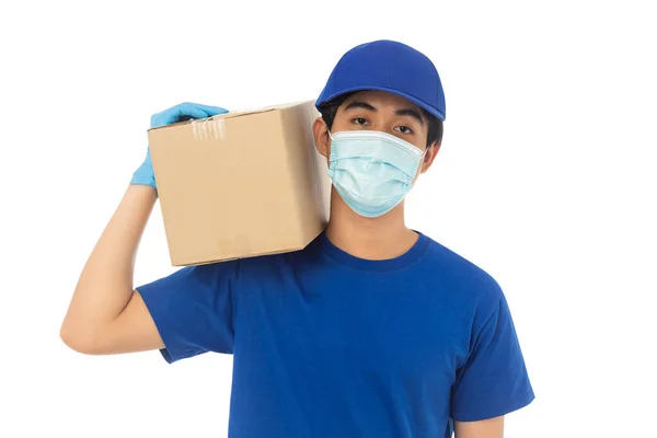 Young Delivery Man Wearing Mask Medical Gloves Holding Paper Cardboard — Stock Photo, Image