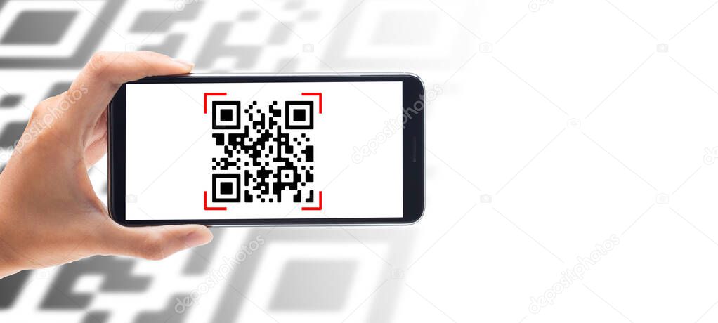 Hand using mobile smart phone scan Qr code on banner background. Barcode reader, Qr code payment, Cashless technology, Digital money concept.