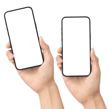 Klipsleme yolu ile beyaz arkaplanda izole edilmiş siyah ekranlı akıllı telefonu tutan bir adam seti uygulama veya web sitesi tasarım projeniz için maketi kullanabilir.