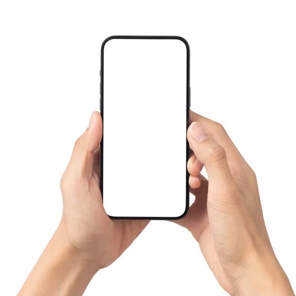 Człowiek Ręka Trzymając Czarny Smartfon Pustym Ekranem Odizolowany Białym Tle — Zdjęcie stockowe