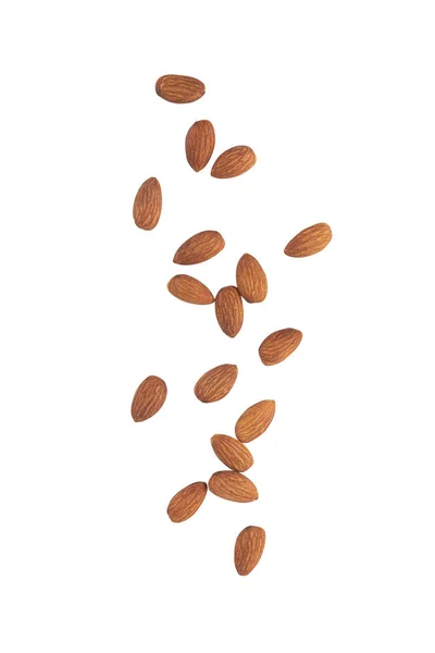 Almonds Falling Isolated White Background Clipping Path — Stock Photo, Image