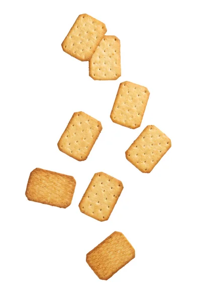 Cracker Cookies Vallen Geïsoleerd Witte Achtergrond Met Clipping Pad — Stockfoto