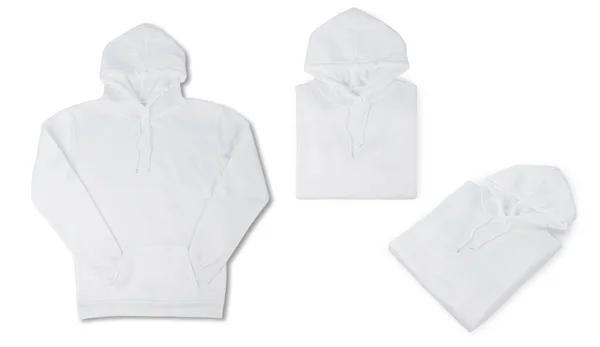 Set White Pullover Hoodie Elszigetelt Fehér Háttér Nyírás Útvonal — Stock Fotó