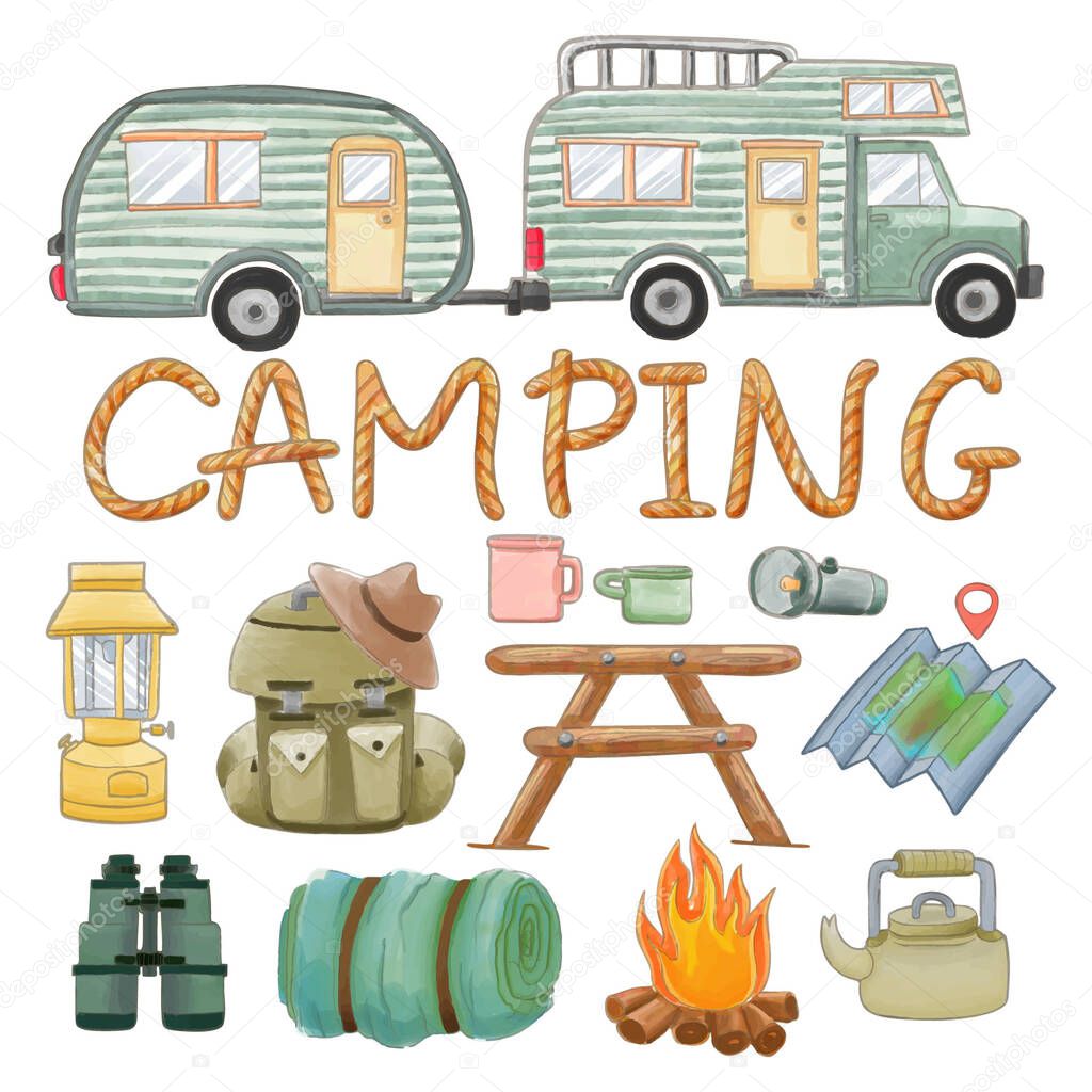 Set of watercolor painted camping supplies clipart. Hand drawn isolated on white background.