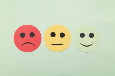 Açık yeşil arka planda üzgün, tarafsız ve mutlu yüzler gösteren üç kâğıt simgeli müşteri memnuniyeti konsepti. İş geribildirim, reytingler ve akıl sağlığı için ideal.