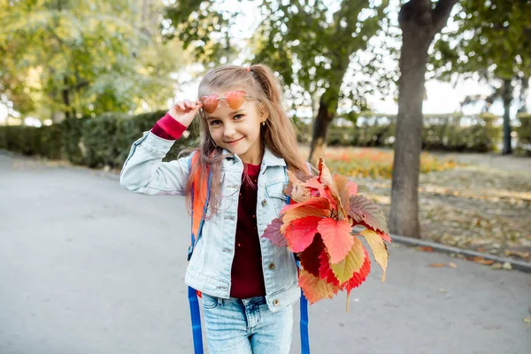 Tillbaka Till Skolan Hösten Går Årig Flicka Skolan Längs Gränd — Stockfoto