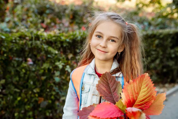 Tillbaka Till Skolan Hösten Går Årig Flicka Skolan Längs Gränd — Stockfoto