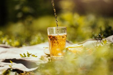 Yaz pikniğinde bardağa dökülen lezzetli meyve suyu. 