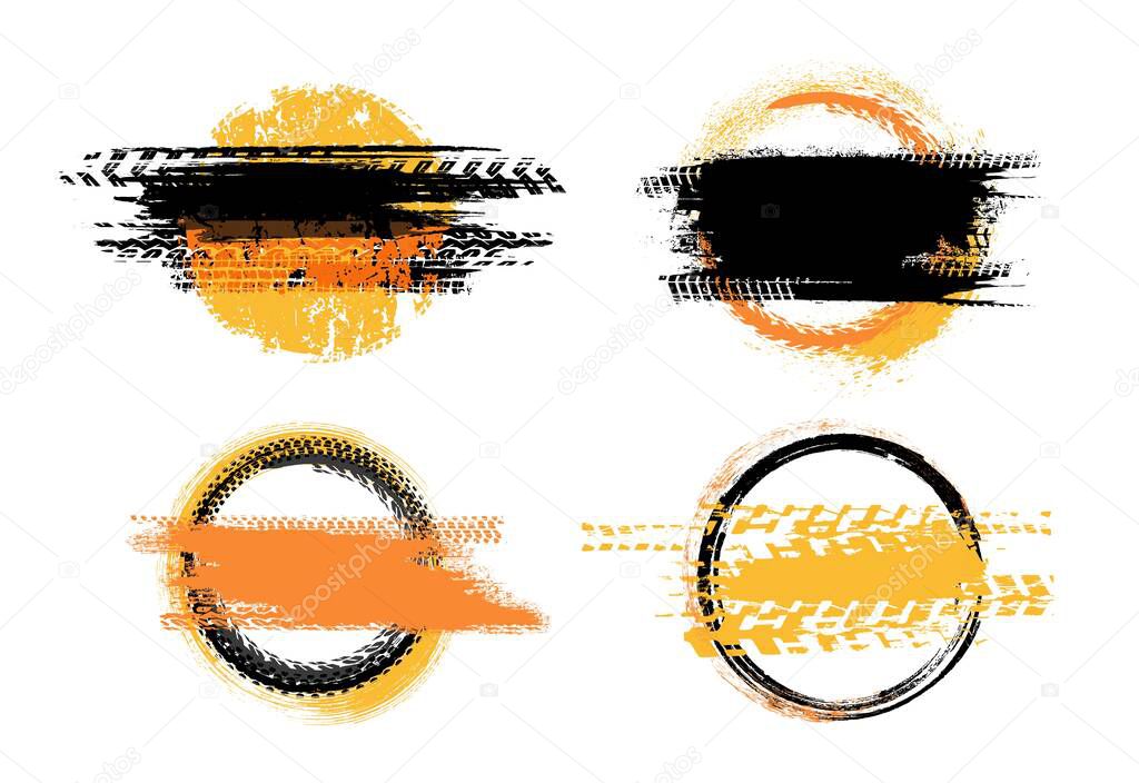Grunge off-road post and quality stamps set. Automotive element useful for banner, sign, logo, icon, label and badge design . Tire tracks vector illustration. Yellow colour