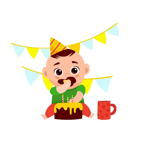 Kleine jongen die een taart eet — Stockvector