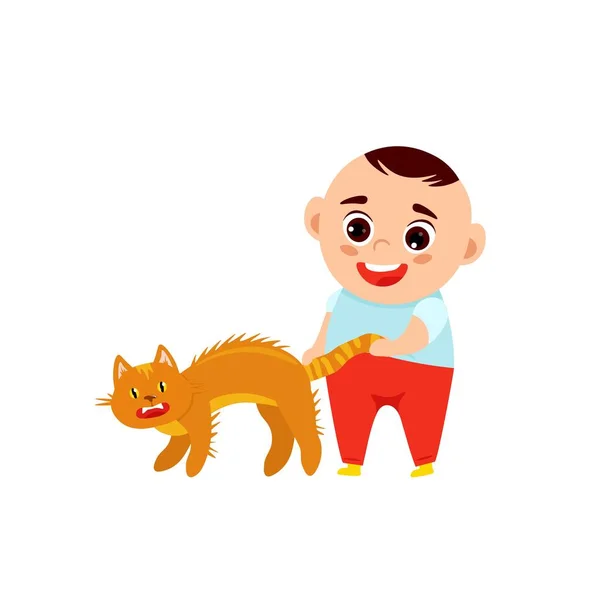 Niño y un gato — Vector de stock