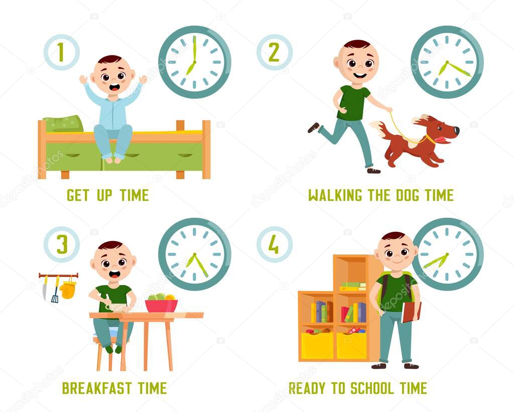 Boy Morning Routine Funny Character Every Day Schedule Waking Up Having Breakfast Walking The Dog Eating Getting Ready To School Cartoon Flat Style Vector Illustration On White Background Premium Vector In Boy Morning Routine Funny Character Every Day Schedule Waking Up Having Breakfast Walking The Dog Eating Getting Ready To School Cartoon Flat Style Vector Illustration On White Background Premium Vector In