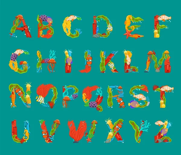 Sea alphabet. Uppercase letters set. Creative lettering. — Stock Vector