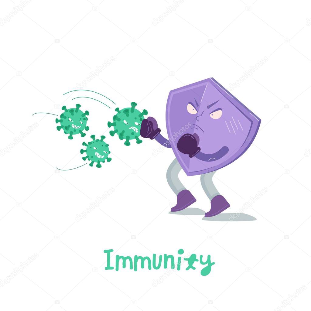 Immunity character icon. Medical pictogram. Virus sign. Stop coronavirus concept. Vaccine, medicine, antibiotic symbol. Healthcare graphic design. Vector illustration isolated on a white background.