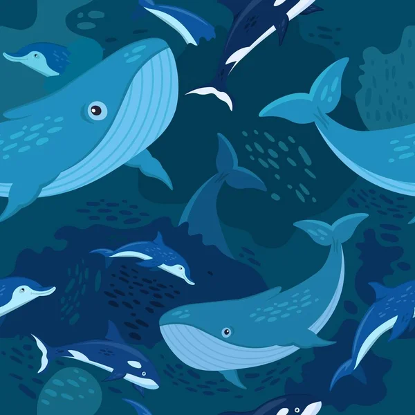 Patrón de vida marina sin fisuras. Ballenas azules y delfines. — Vector de stock