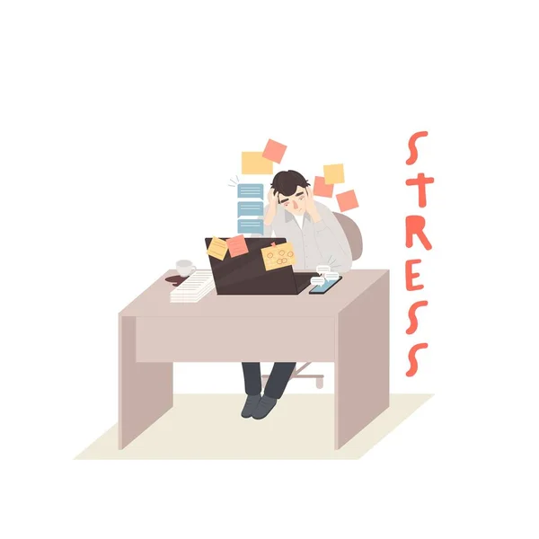 Stressed character sitting and working. Work-related stress concept — Stock Vector