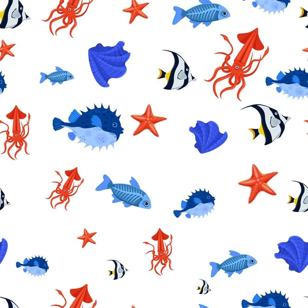 Patrón de vida marina sin fisuras. Estrella de mar, concha, calamar, pez globo. — Vector de stock