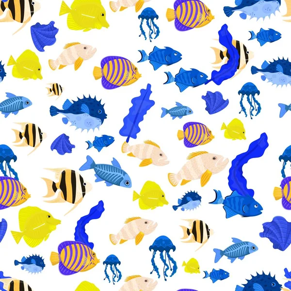 Patrón de vida marina sin fisuras. Pez ángel, concha, peces de rayos X, pez globo. — Vector de stock