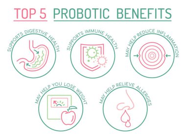 Probiyotiğin faydaları. Peyzaj vektörü posteri. Tıbbi bilgi.