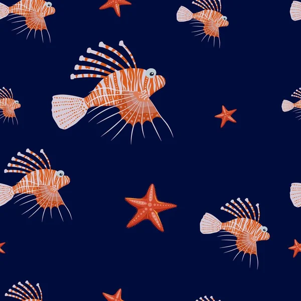 Patrón de vida marina sin fisuras. Pez león y estrellas de mar. — Vector de stock