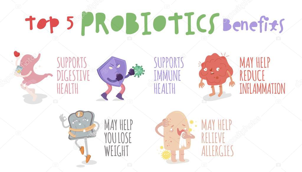 Top 5 Benefits of probiotics. Landscape poster. Medical infographic.