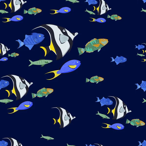 Patrón sin costura de peces con ídolo morisco, ilustración vectorial. Fondo de pantalla, envoltura o diseño de tela con peces del océano — Vector de stock