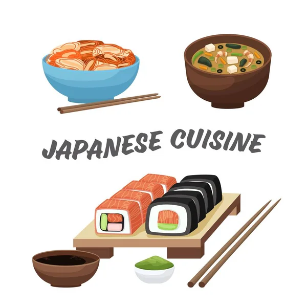 Platos de cocina japonesa para el diseño de menú de publicidad. Alimento asiático tradicional, colorido vector aislado ilustración — Vector de stock