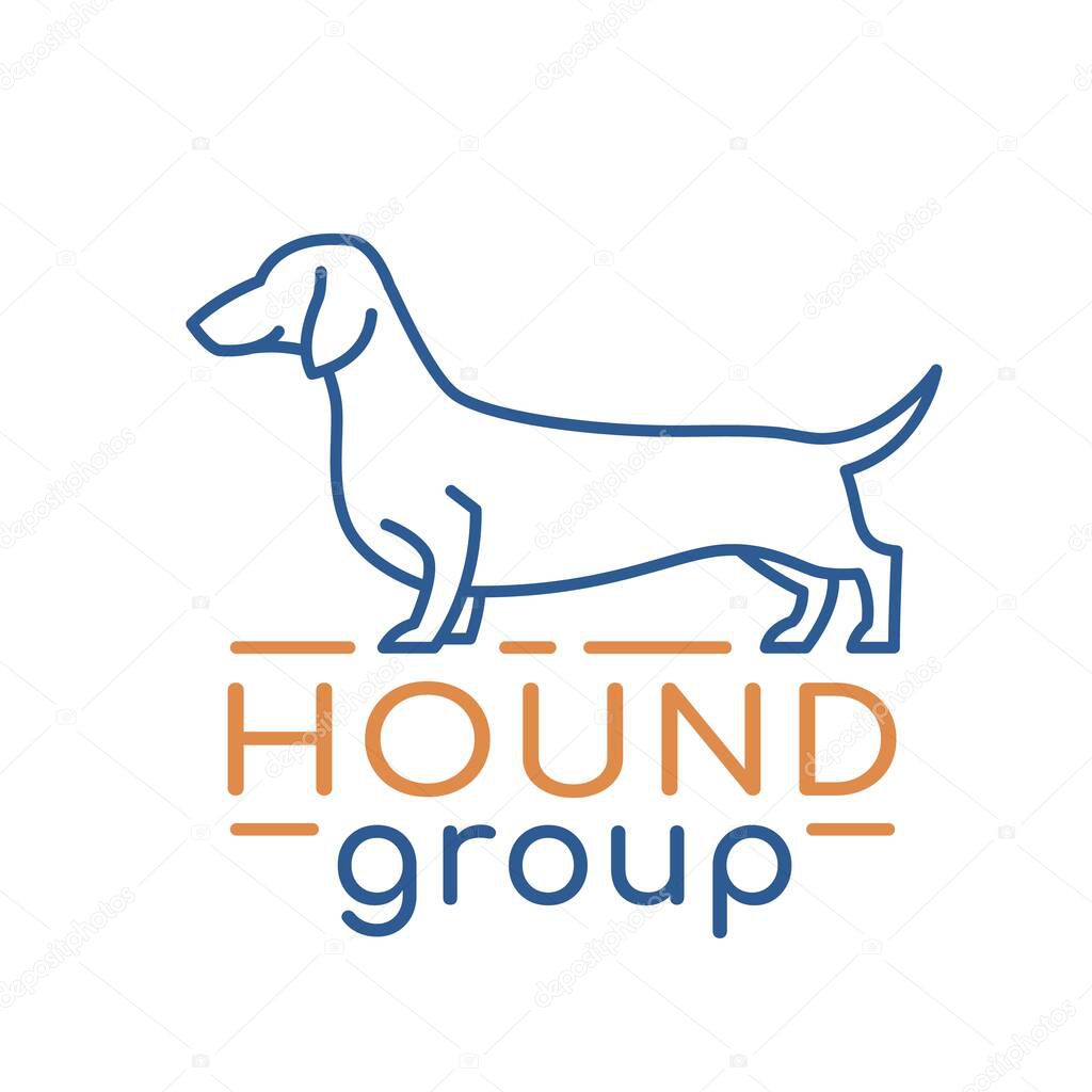 Hound group logotype in modern outlined style. Editable vector illustration isolated on a white background. Dog breeding organisation sign. Dachshund pictogram. Superstar of the canine kingdom