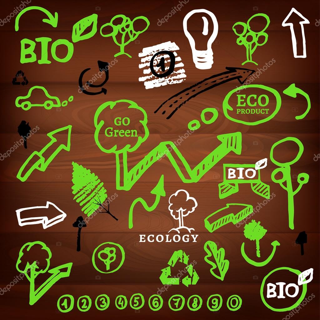 The illustration of different logos and eco signs on a dark wooden texture. Vector image