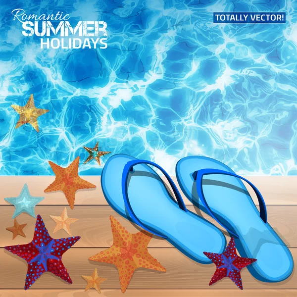 Summer background with blue flip-flops. — Stock Vector