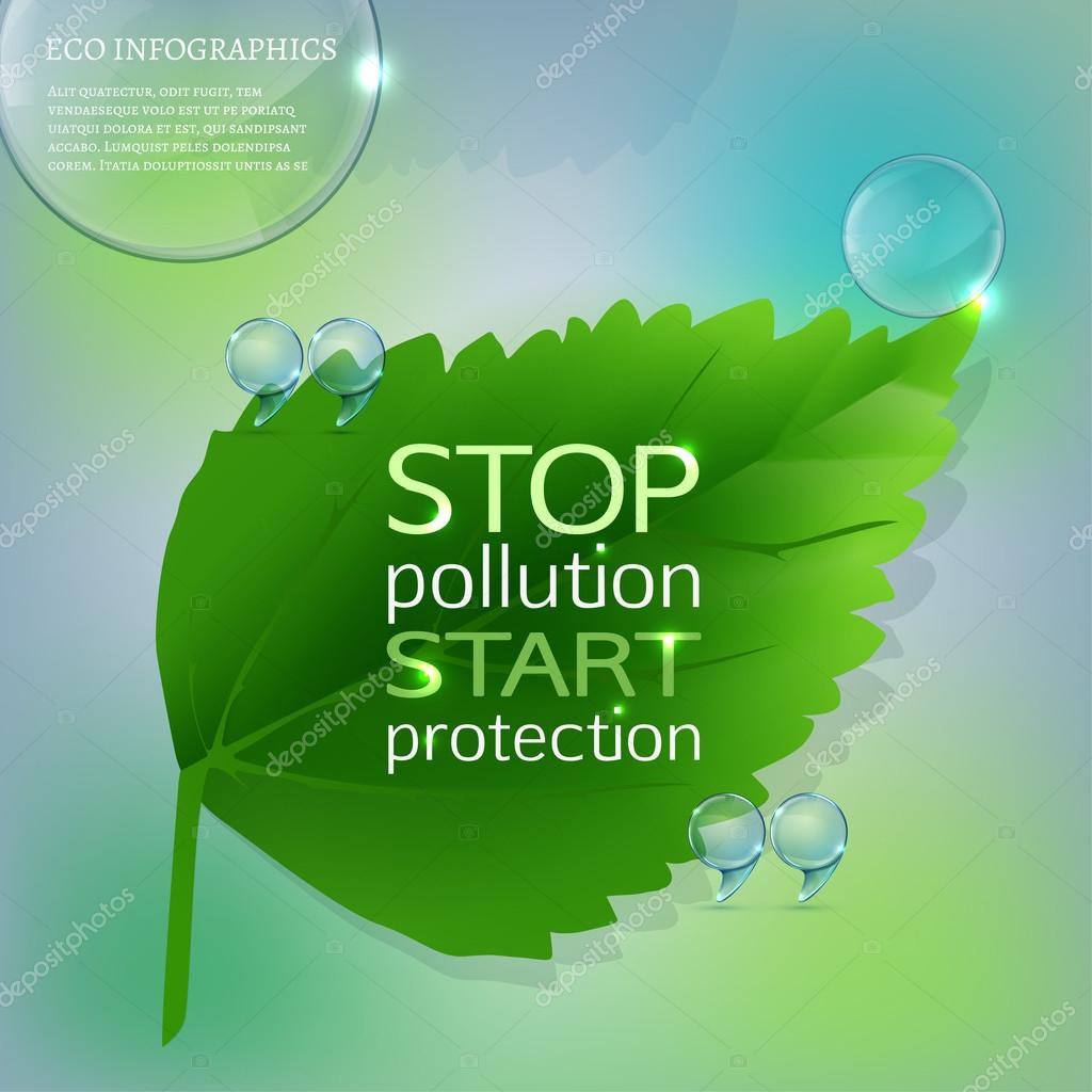 The illustration of beautiful abstract bio background with water quotes. Ecology concept includes quote sign icons and speech bubble with ecological citation in a shape of fresh leaf. Vector image.