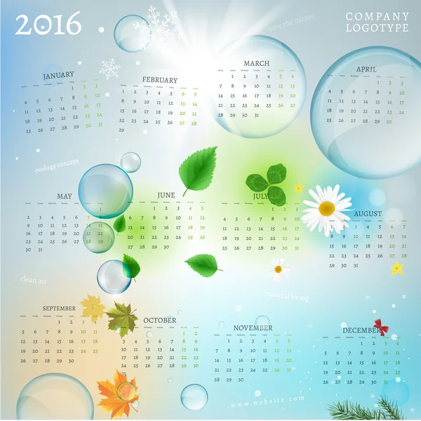 Year Calendar 2016 — 스톡 벡터