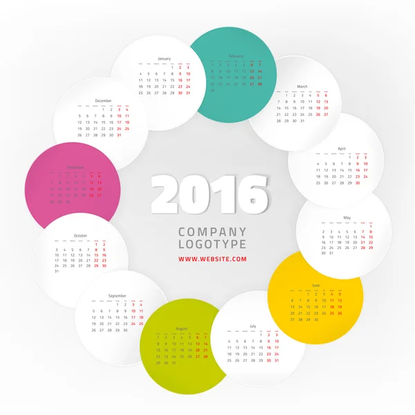 Year Calendar 2016 — 스톡 벡터