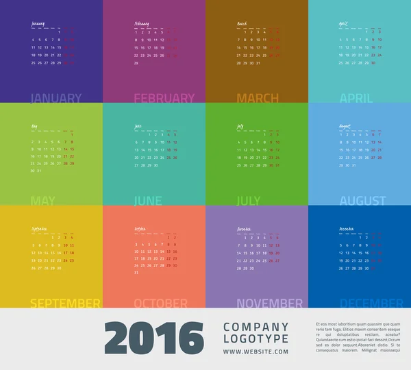 Calendario del año 2016 — Archivo Imágenes Vectoriales