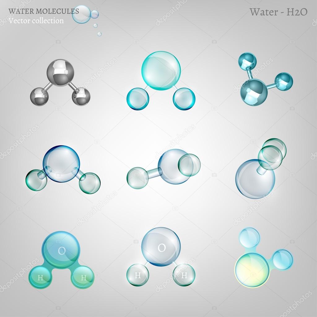 Vector set of water molecules in different graphic styles. Transparent, metallic and glossy molecules useful for scientific articles, magazine covers, brochures and leaflets.