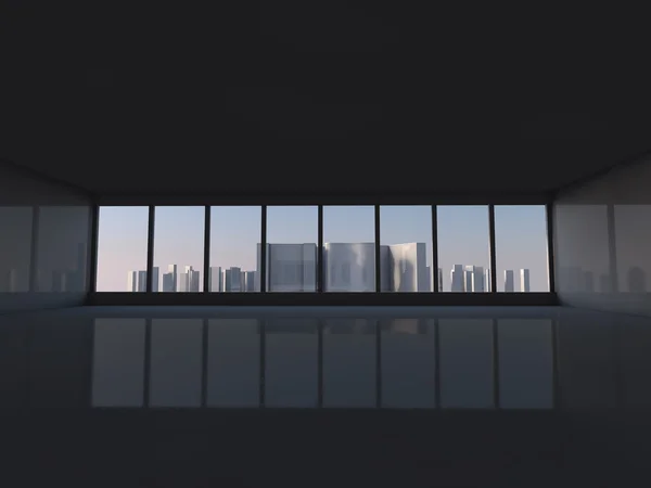 White loft with window to city 3D rendering — Stock Photo, Image