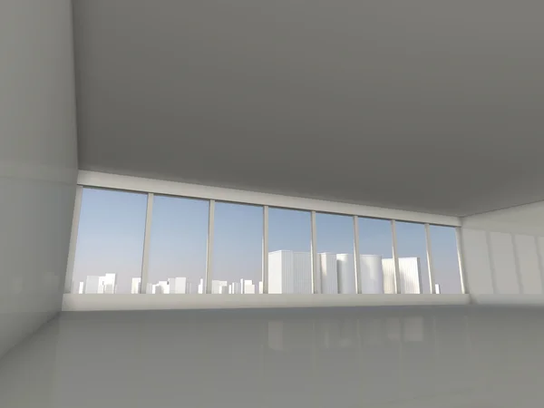 Vit loft med fönster till staden 3d rendering — Stockfoto