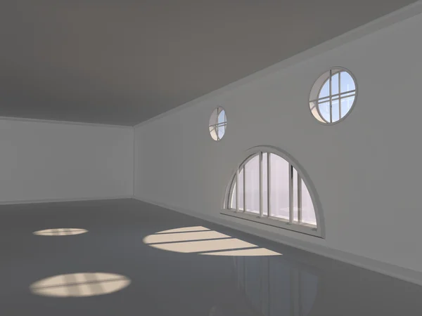 Grande pièce vide avec fenêtres rendu 3D — Photo