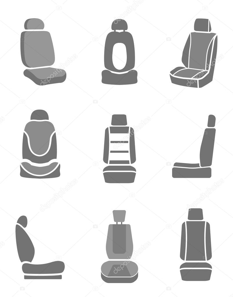 Modern set of car seat icons in grey colors. Editable automotive collection. Vector illustration.
