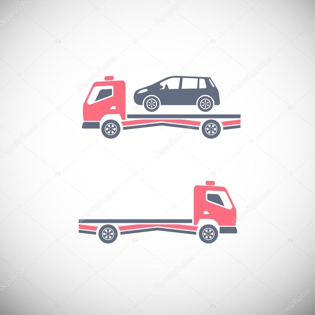 Roadside assistance car towing truck. Vector image for icon, logo and pictogram design. Graphic element in pink, violet and grey colors.