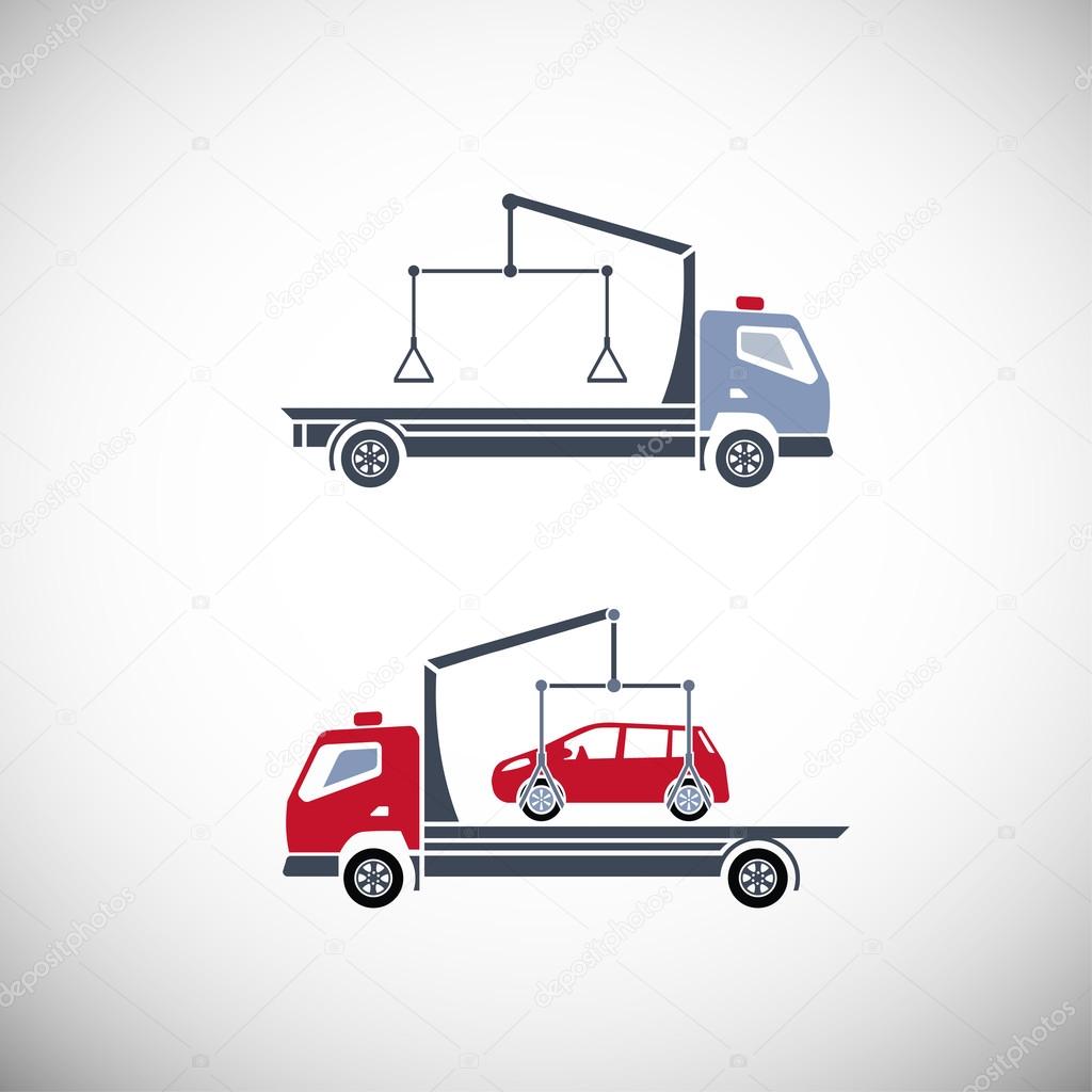 Roadside assistance car towing truck. Vector image for icon, logo and pictogram design. Graphic element in red, violet and grey colors.