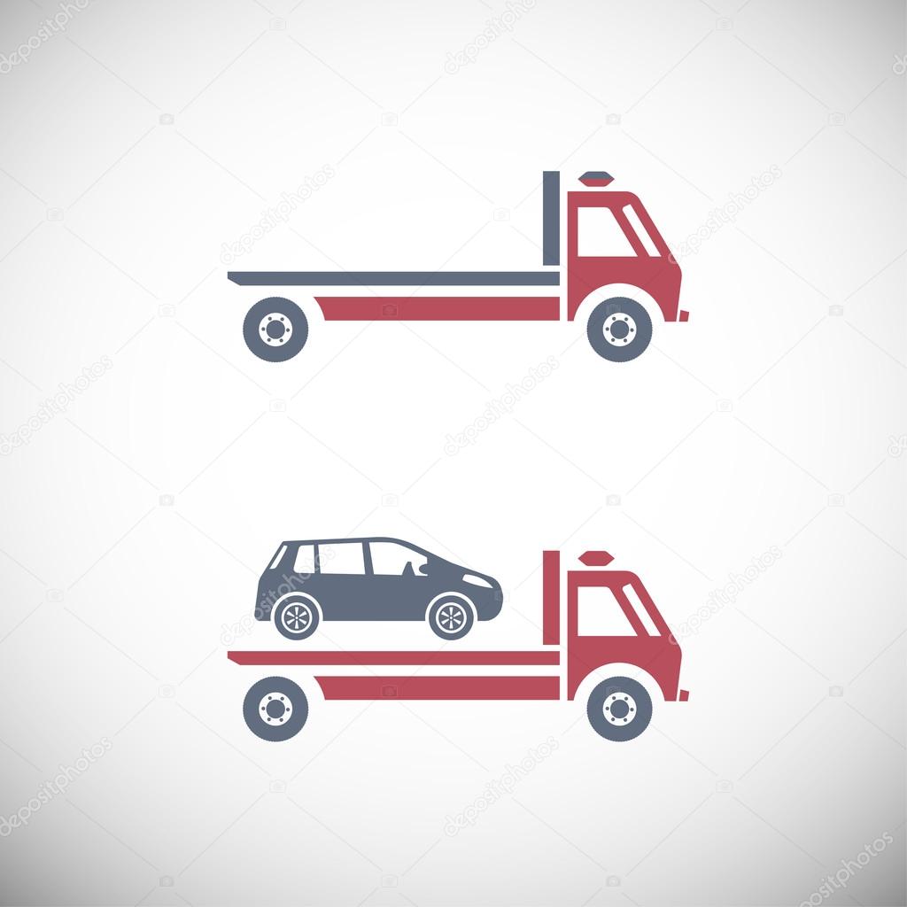 Roadside assistance car towing truck. Vector image for icon, logo and pictogram design. Graphic element in red, violet and grey colors.