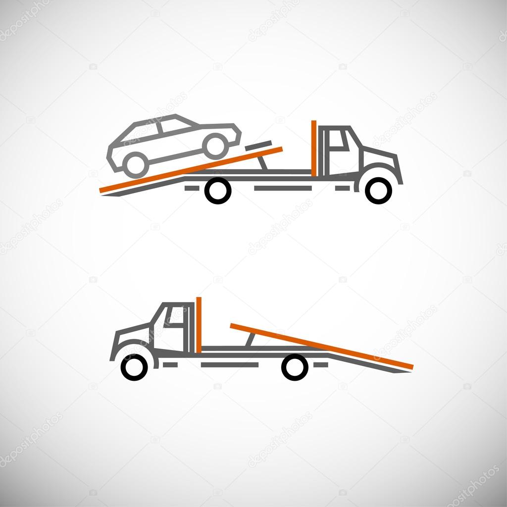 Roadside assistance car towing truck. Vector image for icon, logo and pictogram design. Graphic element in orange, black and grey colors.