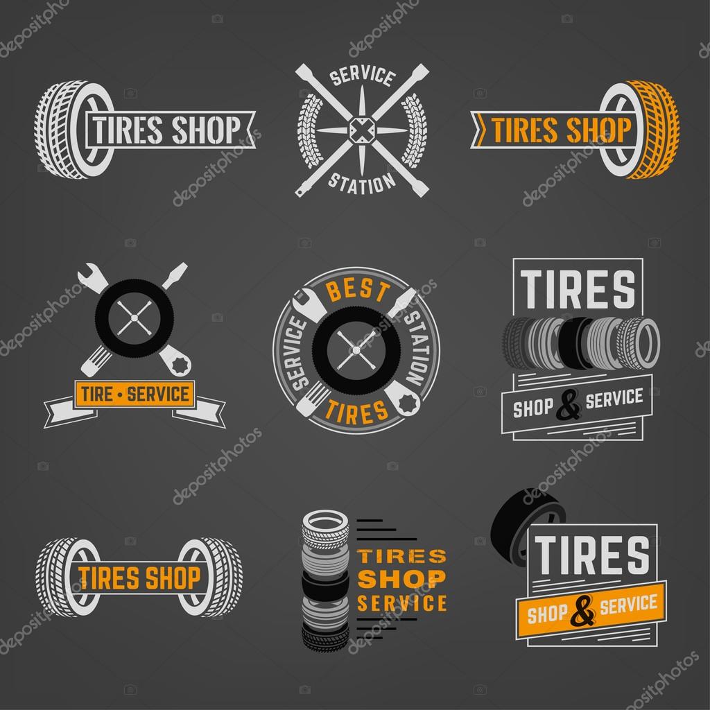 Beautiful vector set of the tire shop and service logotypes. Modern graphic style. Transportation automotive concept. Digital pictogram collection useful for automobile industry design