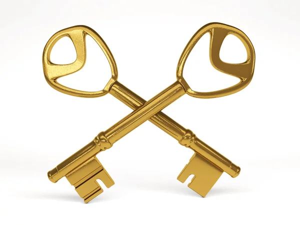 Two gold keys on white background. 3d rendering — Stok fotoğraf