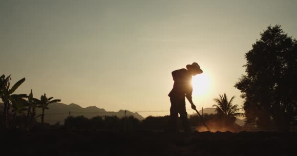 Scena Wolnoruchowa Sylwetka Wiejskiego Samca Azjatyckiego Rolnika Kopiącego Glebę Motyką — Wideo stockowe