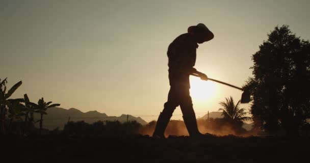 Zeitlupe Silhouette Szene Der Ländlichen Männlichen Asiatischen Bauern Graben Den — Stockvideo
